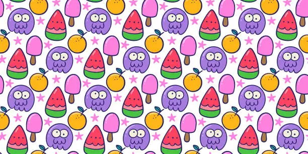 Vector illustration of Cute doodle monster, popsicle ice cream, orange fruit and watermelon cartoon seamless pattern