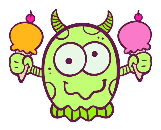 Vector illustration of Funny monster holding colorful ice cream isolated on white