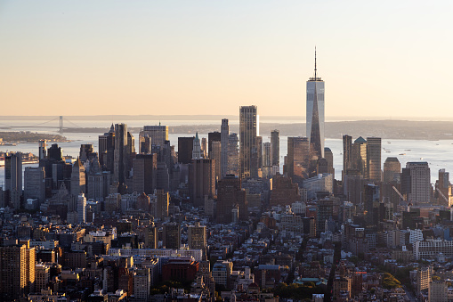New York City skyline. Manhattan sunset skyscrapers panorama
