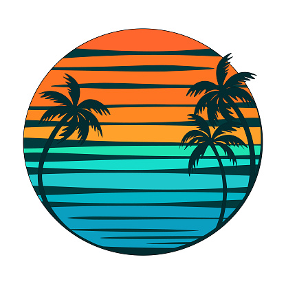 Tropical vacation logo design with palm trees and sunset, isolated on white background, vector illustration, decorative element, badge, print.