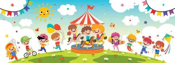 Vector illustration of Funny Kids Playing At Nature