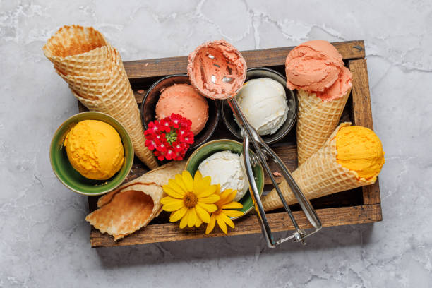 istock Assorted ice cream flavours in delightful waffle cones 2077851929