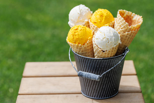 Assorted ice cream flavours in delightful waffle cones