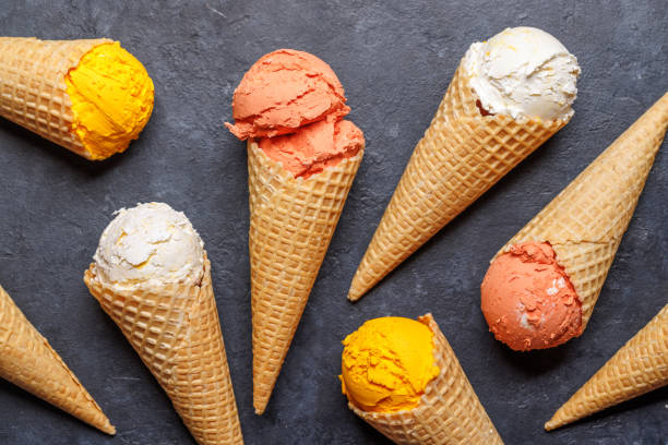 Assorted ice cream flavours in delightful waffle cones
