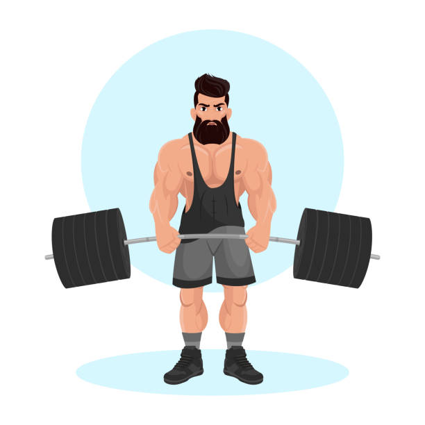 ilustraciones, imágenes clip art, dibujos animados e iconos de stock de illustration of a young guy training in a gym. gym. body-building. power training. sports guy. - health club gym young men dumbbell