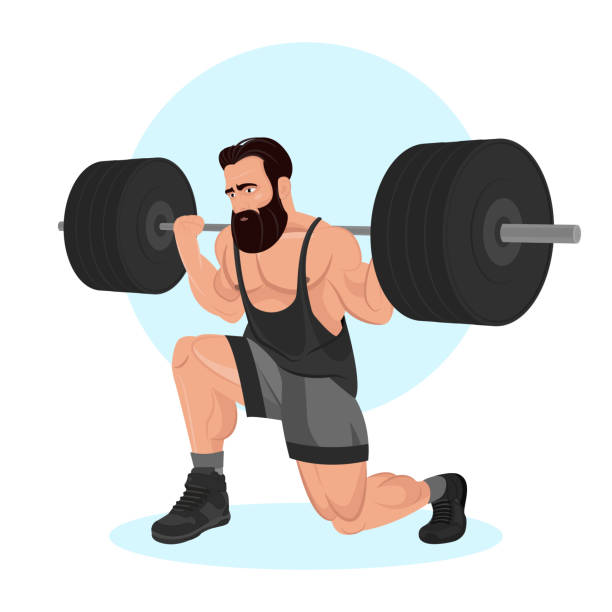 ilustraciones, imágenes clip art, dibujos animados e iconos de stock de illustration of a young guy training in a gym. gym. body-building. power training. sports guy. - health club gym young men dumbbell
