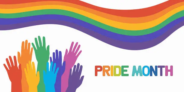 Vector illustration of Pride Month banner. LGBT flag wave and hands rainbow colored.