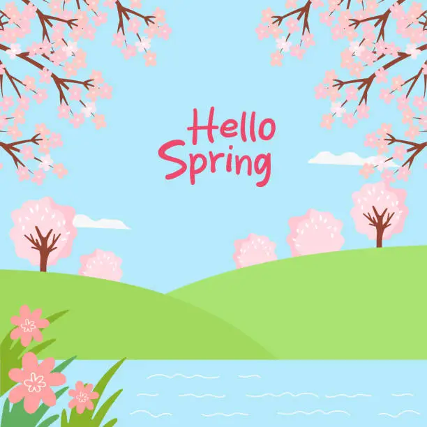 Vector illustration of Hello Spring greeting card template. Nature landscape with river or lake and flowering trees. Romantic illustration for social media post, postcard or cover.