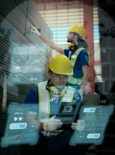 Team of  Engineers Use Tablet with visualize screen of the data statistic with ai technology in factory.