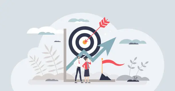 Vector illustration of Goal setting for measurable business target achievement tiny person concept
