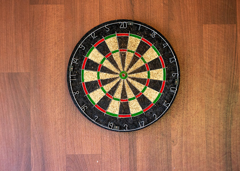 Detail of a dartboard hanging on a brown wooden wall.