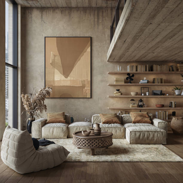 Grunge interior with concrete walls and hardwood flooring. Loft style, 3d rendering