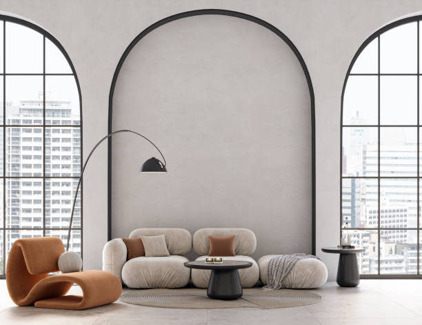 istock Minimalist interior design with large arch windows. Wall mockup concept, 3d render 2077893279
