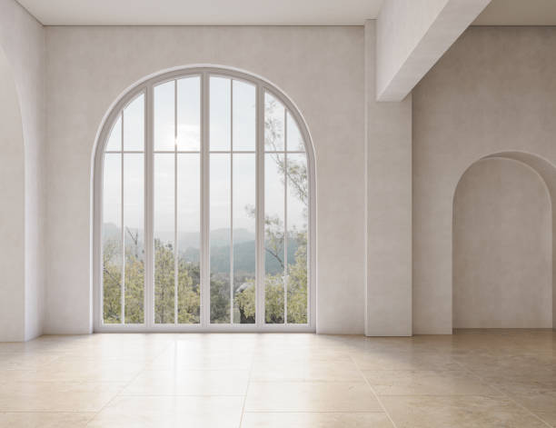 Minimalist interior design with large arch windows. Wall mockup concept, 3d render