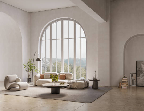 istock Minimalist interior design with large arch windows. Wall mockup concept, 3d render 2077893286