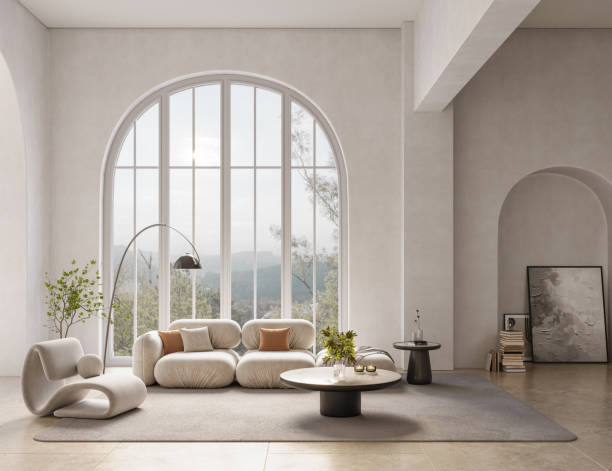 istock Minimalist interior design with large arch windows. Wall mockup concept, 3d render 2077893350