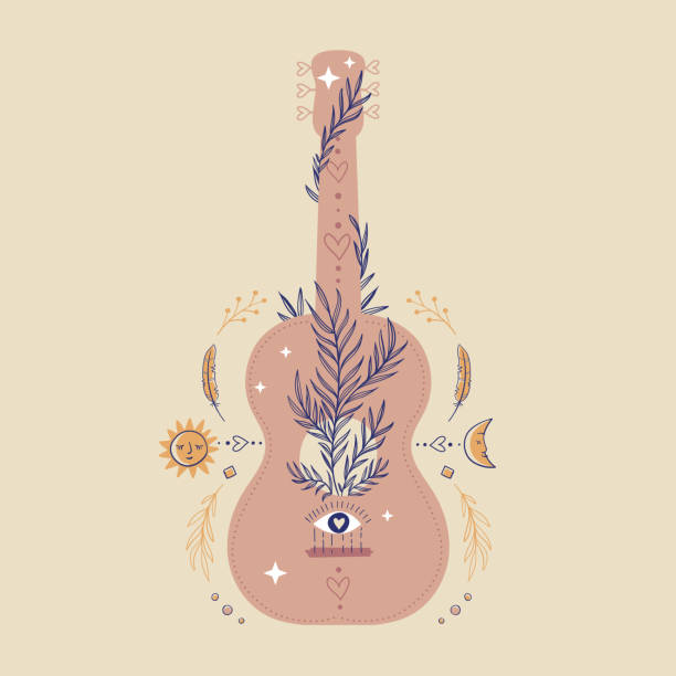 Boho guitar Boho style vector art illustration of a guitar with plants on a calm relaxing beige background pink guitar stock illustrations