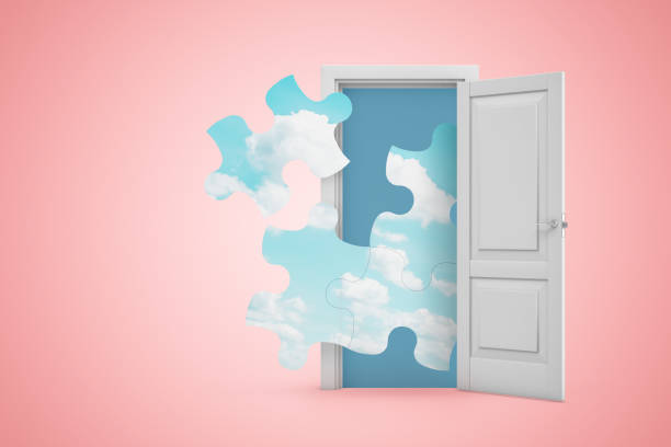 istock 3d rendering of several jigsaw puzzle pieces with cloudy sky print flying out from open door on pink gradient copyspace background. 2077903739