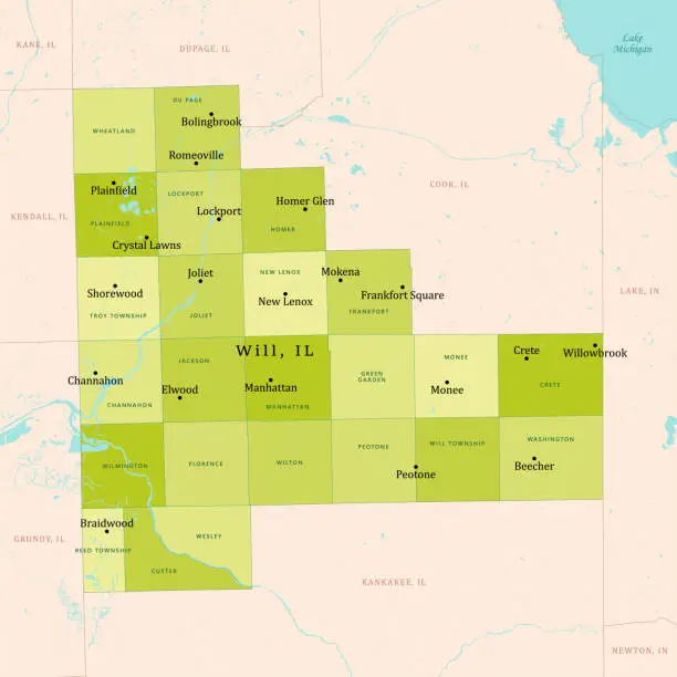 Vector illustration of IL Will County Vector Map Green