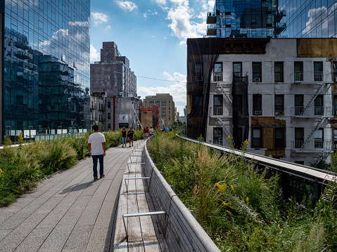 New York, Old and new architecture seen from the High Line Park and towards Hudson Yards.