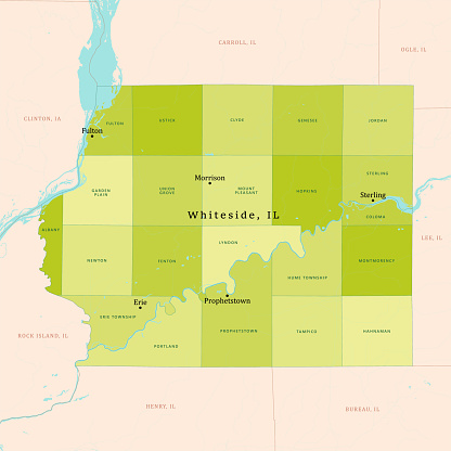 IL Whiteside County Vector Map Green. All source data is in the public domain. U.S. Census Bureau Census Tiger. Used Layers: areawater, linearwater, cousub, pointlm.