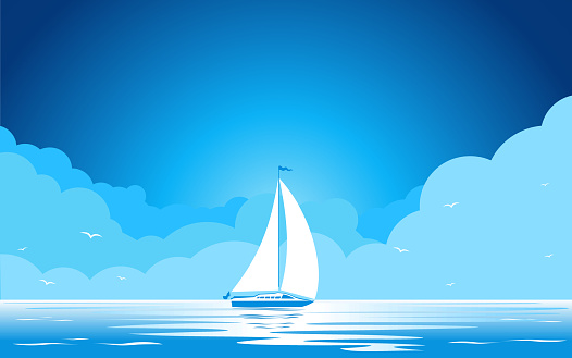 Sailing yacht on the sea waves. Modern sailboat, blue sea and sky with clouds. Vector background header template
