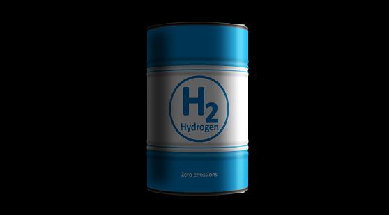Hydrogen zero emissions fuel barrels in row concept. Sustainable energy clean blue technology industrial containers 3d illustration.