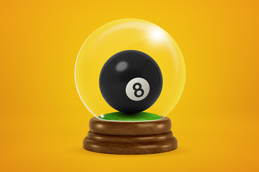 3d rendering of christmas snow globe with black pool and billiard ball inside on yellow background. Digital art. Objects and materials. Board games.