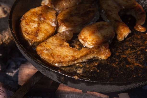 Pan with frying fish steak on the fire. Outdoor kitchen. Summer barbeque and vacation.