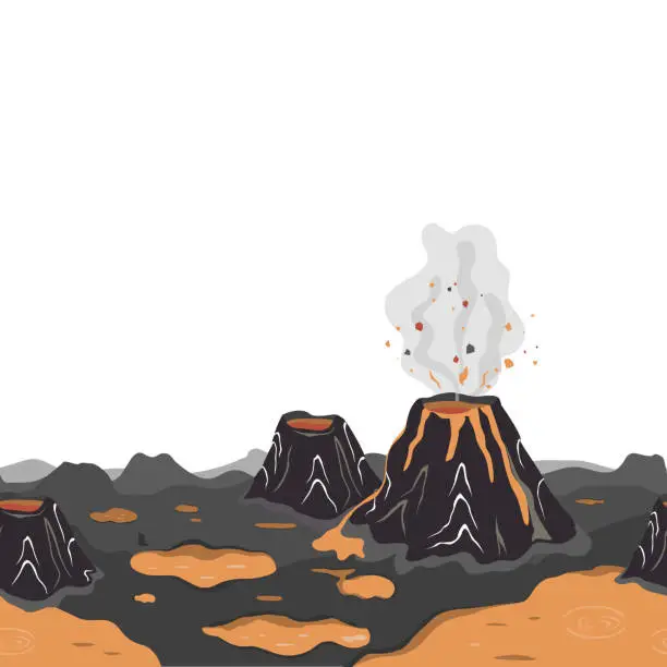 Vector illustration of Prehistoric landscape with volcanoes, smoke, and lava lakes. Horizontal border. Seamless vector pattern