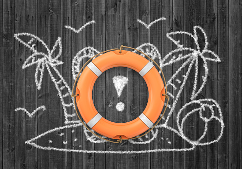 3d rendering of orange lifebuoy ring with tropical island drawn on blackboard background. Digital art. Safety equipment. Holidays and vacations.