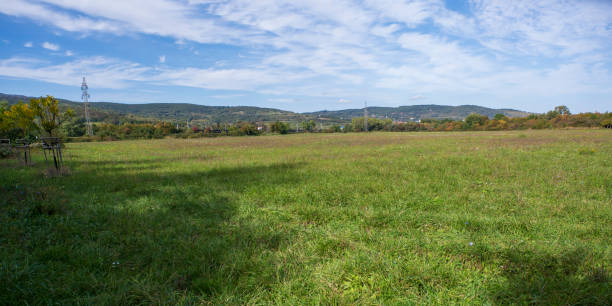 istock Green meadow surrounded by autumn forest and hill. Blue sky with white clouds. 2077937493