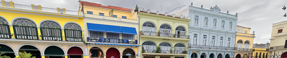 Buildings on the west side of the Plaza Vieja-Old Square (L to R): Laureano Torres de Ayala house-Conde de Lombillo House-La Navarra Hotel-Conde de Canongo House-Hermanas Cardenas House. Havana-Cuba.