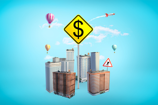 3d rendering of gigantic yellow square road sign with dollar symbol rising amid high-rise buildings on blue background. Traveling expenses. City navigation. Most expensive places in city.