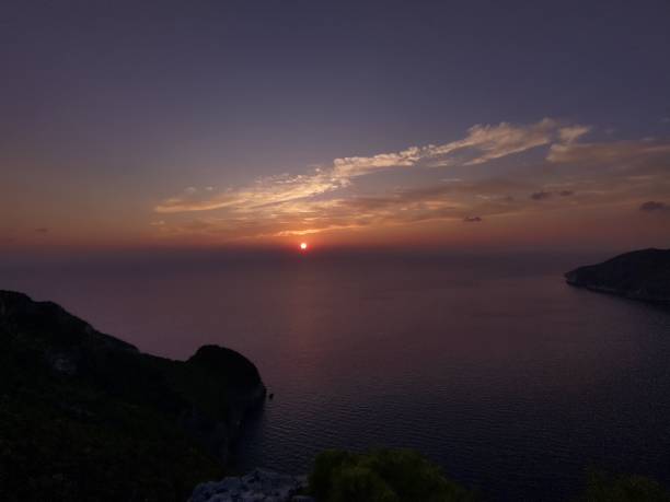 Golden hues paint the sky as the sun sets over the tranquil waters of Zante