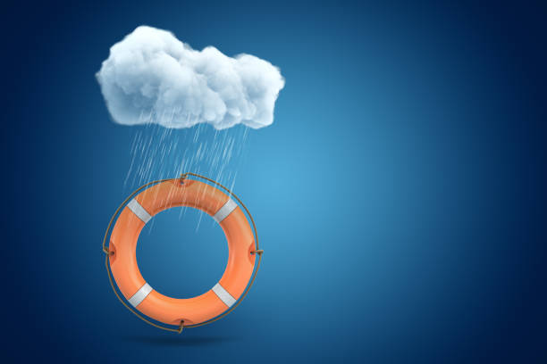 3d rendering of orange lifebuoy ring under white rainy cloud on blue background. Digital art. Objects and materials. Safety equipment.