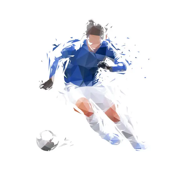 Vector illustration of Female football player running with ball, soccer, low poly isolated vector illustration, geometric drawing from triangles