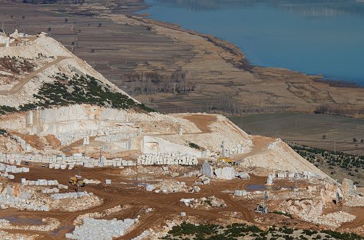 A marble quarry and working machinery. Burdur, Turkey.