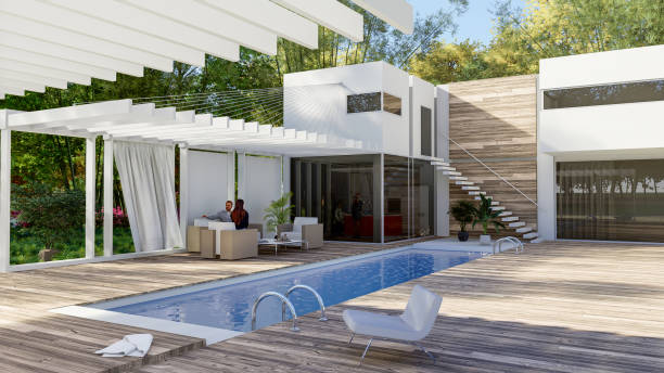 istock House exterior with a pool and a sitting area with a pergola 2077979739