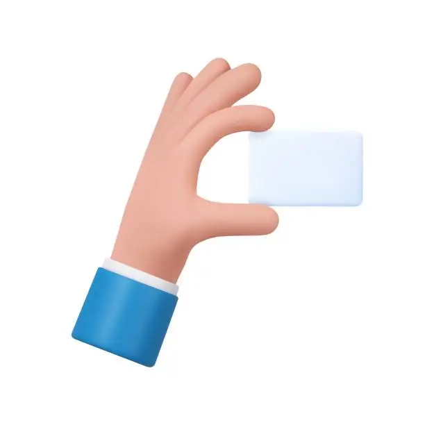 Vector illustration of 3d hand holds out blank paper label or tag