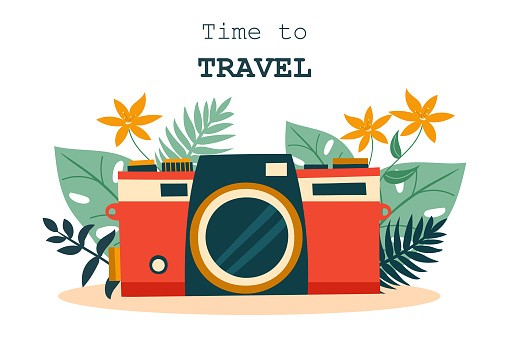 Concept of travel. Old vintage photo camera with leaves and flowers. Travel background. Vector illustration in flat style.