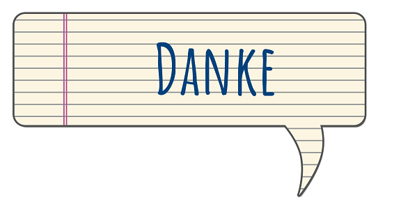 Danke text written over comment symbol with notebook texture.
