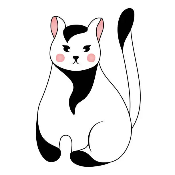 Vector illustration of Cute black and white cat isolated on white background. Vector illustration for children.