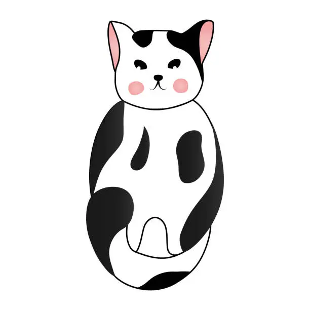 Vector illustration of Cute black and white spotted cat isolated on white background. Vector illustration for children.