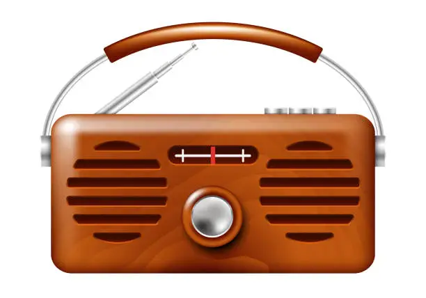 Vector illustration of Retro radio icon. Wooden radio. Vector 3D clipart isolated on white background.