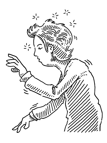 Hand-drawn vector drawing of a Dizzy Woman Illness Concept. Black-and-White sketch on a transparent background (.eps-file). Included files are EPS (v10) and Hi-Res JPG.