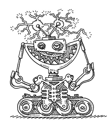 Hand-drawn vector drawing of a Powerful Energy Robot Cartoon. Black-and-White sketch on a transparent background (.eps-file). Included files are EPS (v10) and Hi-Res JPG.