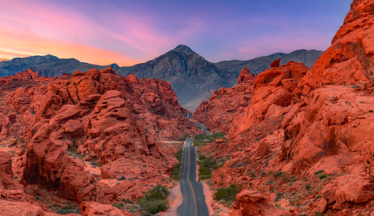 Scenic road in the red rock canyons. Valley of Fire, United States. Adventure Travel.