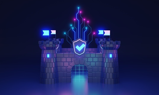 Cybersecurity and digital information protection 3D illustration concept. Save data with antivirus, firewall and safe password for encryption defense. Network safety as brick wall and file shield.