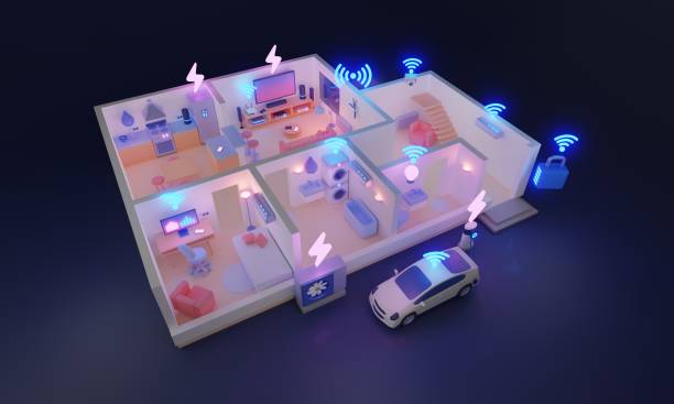 Smart home and house with iot gadgets connection 3D illustration concept Smart home and house with iot gadgets connection 3D illustration concept. Daily appliances with wifi signal for monitoring, control and efficiency management. Lighting, safety and climate network. home automation stock pictures, royalty-free photos & images